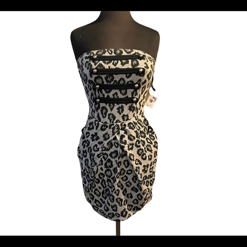 Y2K Gray Cheetah Strapless Military Tulip Hem Mini Dress XS/S